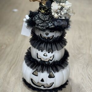 Halloween Black and White Pumpkin Stack Decoration light up 18” tall